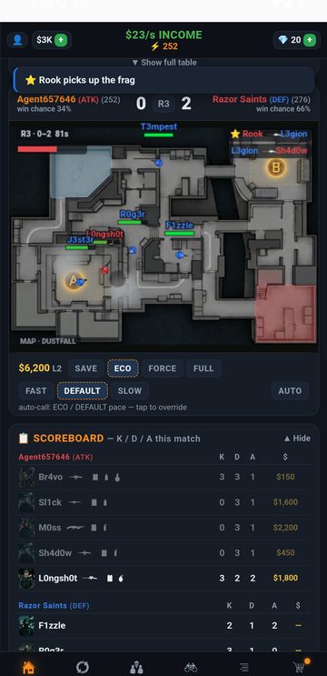 Strike-Command match simulation with kill feed